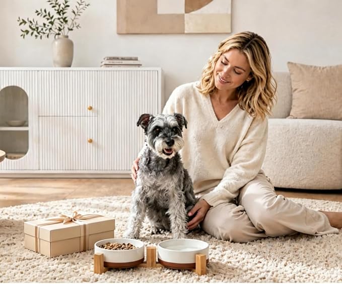MALACASA Ceramic Dog Bowls Set with Wood Stand, 3.5 Cups Pet Bowls for Medium Dogs with Non-Slip Base, Large Puppies, Cats, Retrievers, ect.Pet Food & Water Basic Bowls Set, Weighted Glaze Matte.34 OZ