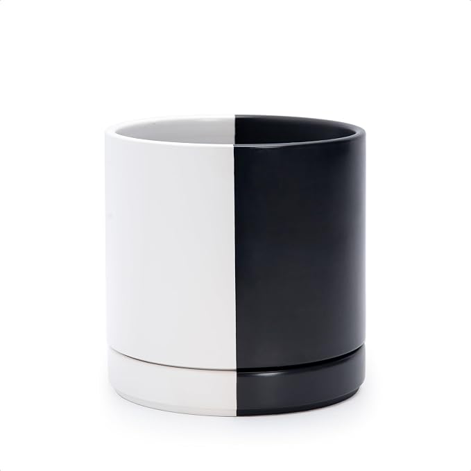 D'vine Dev 6.5 Inch Ceramic Planter Pot, Black White Split, 94-O-C-0 | Modern Cylinder Design, Drainage Hole & Saucer Included, Stable Structure, Elegant Home Accent