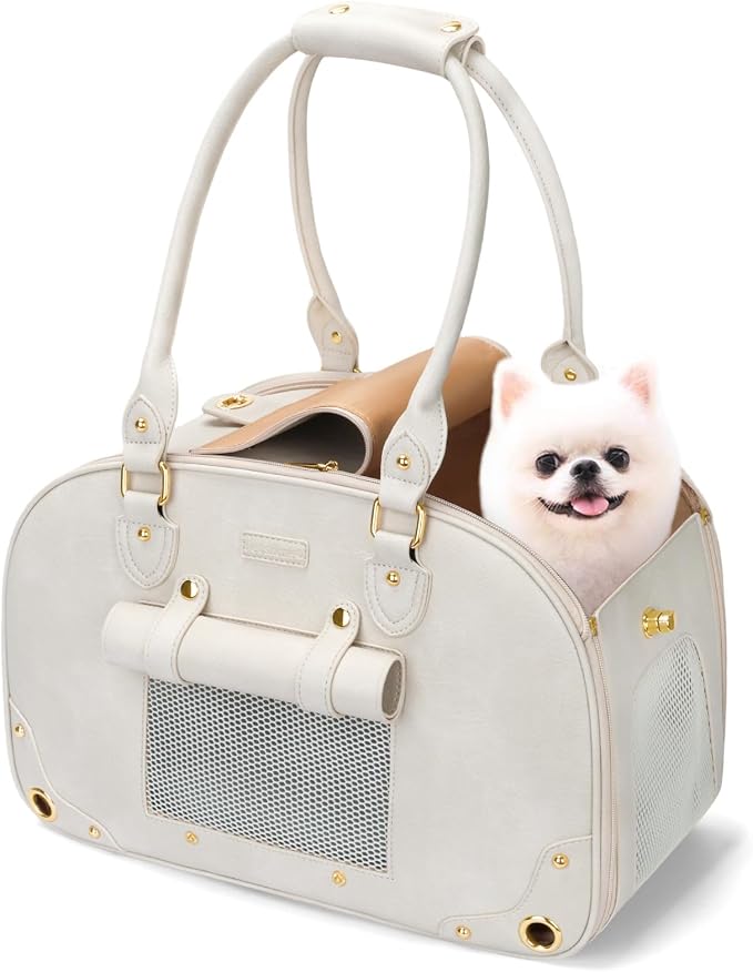 Dog Carrier Purse, Pet Carrier, Foldable Waterproof Premium Leather Pet Travel Portable Bag for Cat and Small Dog Home & Outdoor Small Beige