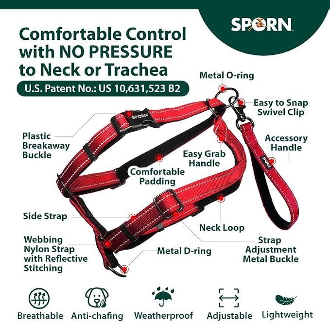SPORN Ultimate Control No Pull Dog Harness for Large Dogs - 4-in-1 Adjustable L/XL Dog Harness with Front, Back & Dual-Clip Options & Emergency Grab Handle - Easy On/Off, Padded Comfort (Red, L/XL)