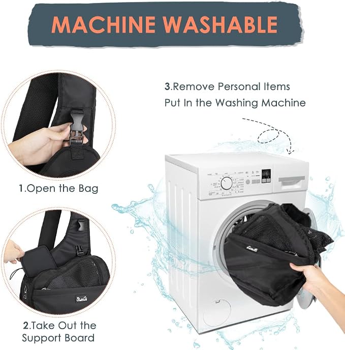 SlowTon Dog Sling Carrier, Hands Free Hard Bottom for Small Dogs up to 11lb | Breathable Mesh Support, Adjustable Padded Strap, with Pocket Safety Belt, Machine Washable, for Small Animal Puppy, Black