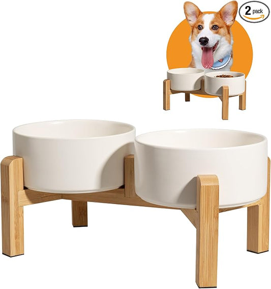 Elevated Ceramic Dog Bowl, 3.6 Cups Dog Food and Water Bowl Set with Stand | 6.1'' Double Dog Feeding Dishes, Non-Slip Raised Dog Feeder for Small and Medium Breeds, 28.74 OZ / 850 ML, White