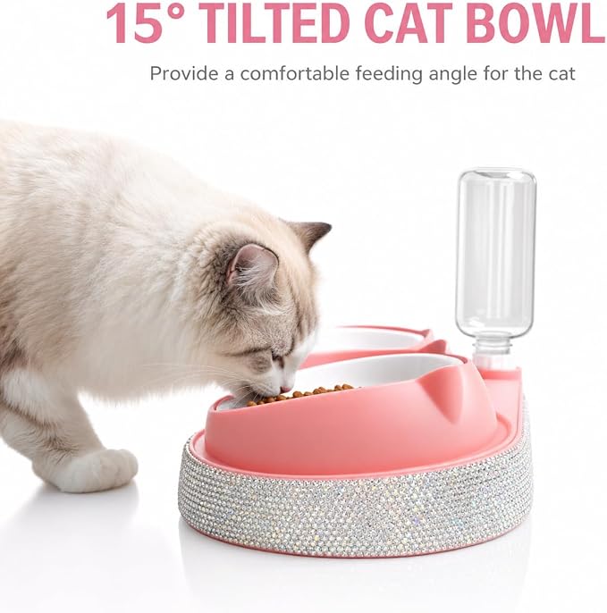 SlowVibes Bling Pink Cat Food and Water Bowl Set, Automatic Water Dispenser | 15-degree tilted double bowls with 17 oz automatic water dispenser for indoor cats, kittens, small medium dogs,Rhinestone