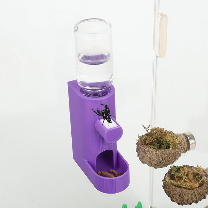 Small Animal Water Feeder, Magnetic Hanging Feeder & Hidden Cave - Accessories for Jumping Spiders, Wolf Spiders, Mantises, Arboreal Animals & Other Small Creatures - 5ML Capacity (Purple)