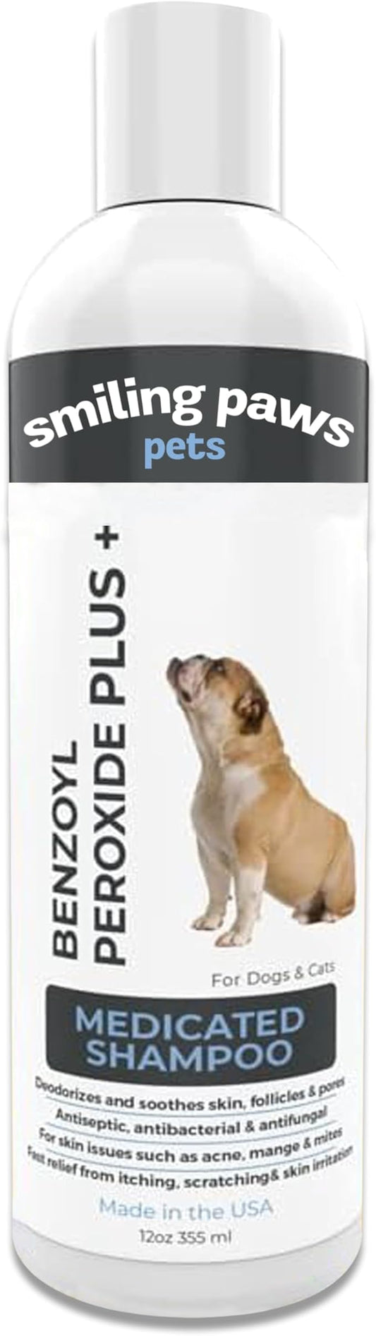Smiling Paws Pets - Itch Relief Shampoo for Pets - Contains Benzoyl Peroxide - Kills Fleas - Relieves Allergies, Itching, Dermatitis, Mange, Dandruff, Acne, Demodex, Seborrhea, Pyoderma - 12oz