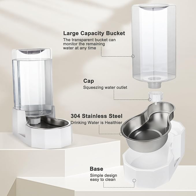 Sfozstra 8L Gravity Dog Water Dispenser:Stainless Steel Bowl | No Filter Maintenance/ Non-Slip Base/Easy-Clean/for Living Room & Bedroom/Multi-Pet Friendly