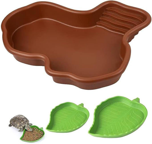 3PCS Tortoise Dish with Ramp Leaf - Tortoise Food & Water Bowls - Reptile Habitat Accessories for Horned Frogs & Lizards - Fit for Bath