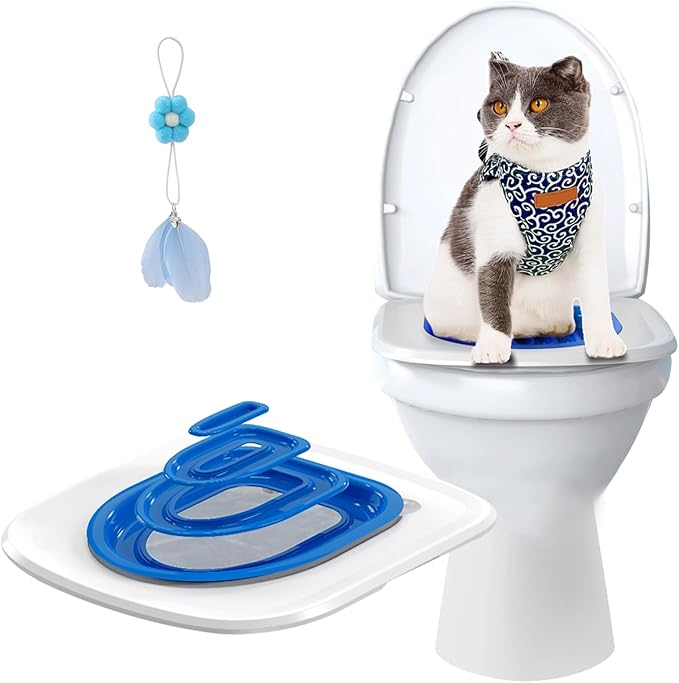 Cat Toilet Training Systems,Cat Toilet Training Kit,Reusable Plastic Trainer for Pet Cleaning with 1 Replaceable Cat Feather Toy,Litter Boxes (Blue)