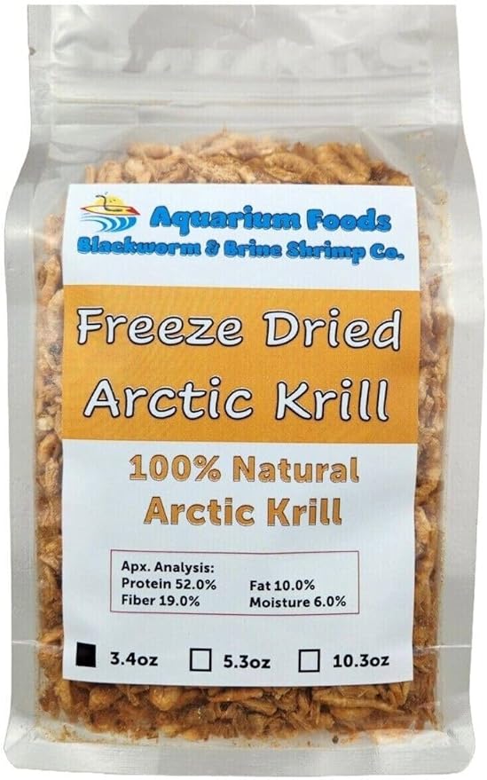 Aquatic Foods Inc. Arctic Krill, Floating Freeze Dried Krill for Tropical Fish, Marine Fish, Cichlids, Catfish, Pond Fish, Aquatic Turtles, Land Turtles, Hamsters, Rodents, Reptiles…3.4oz Clear Bag