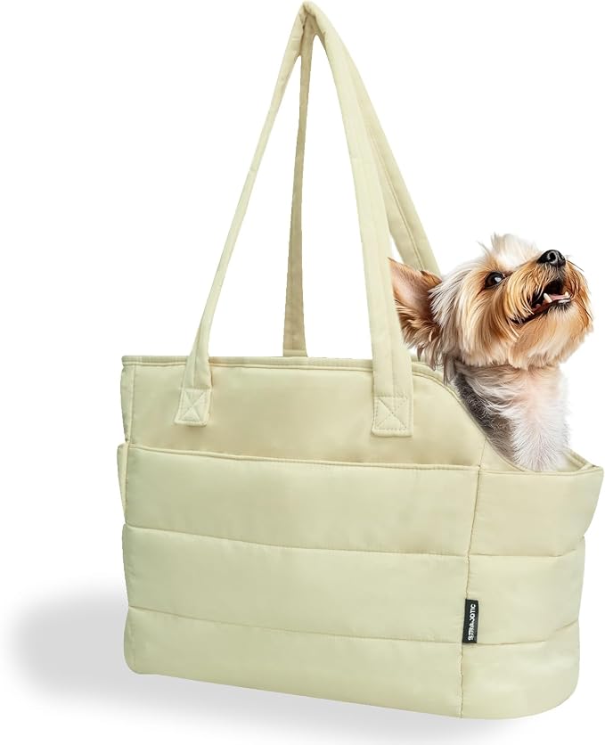 Lightweight Puffy Dog Purse Carrier for Small Dogs, Beige | Quilted Pet Carrier Tote with Safety Leash Clip, Storage Pockets and Removable Base, for Pets Up to 15 lbs, Beige