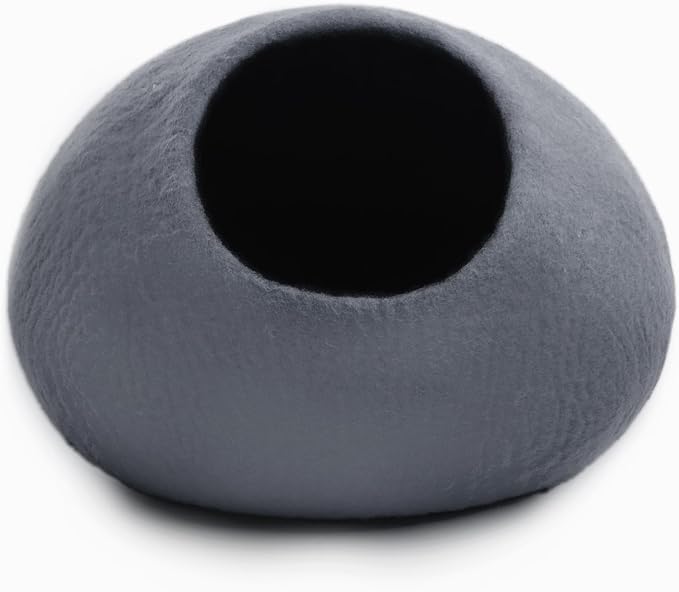 Luxurious Merino Wool Cat Cave - Foldable Hideaway Pod for Indoor Cats - Premium Felt Kitten Pet Enclosure - Covered Cat House for Ultimate Cozy Comfort by Woolygon (Grey Plain)