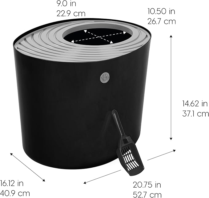 IRIS USA Cat Litter Box Large Top Entry with Lid Enclosed Covered Hooded Design Litter Catching Scatter Shield Pan Dog Proof Pet Proof Scoop Included Odor Control for Indoor Cats Kittens, Black/Gray