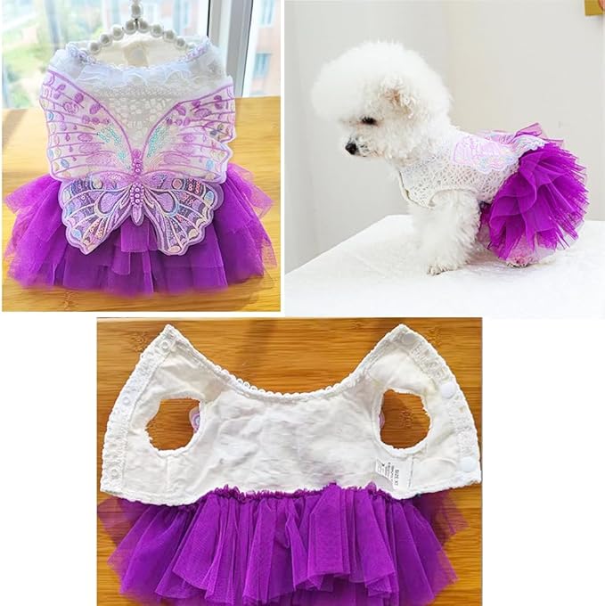 ANIAC Butterfly Dog Dress with Purple Tutu Funny Dog Clothes with Wing Girl Puppy Dress for Small Dogs Pet Butterfly Costume Holiday Cat Outfit for Halloween Birthday Wedding (Purple, X-Small)