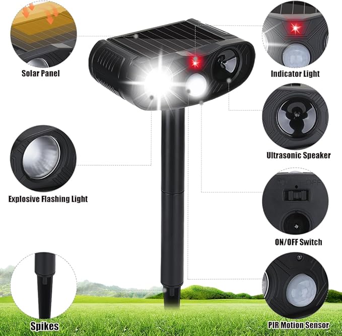 2026 Solar Ultrasonic Cat Repellent, Deer Repellent Devices Outdoor, 4Pack Solar Animal Repeller Motion Detection Cat Squirrel Dog Repellent Deterrent with LED Flash Lights for Yard (Black)
