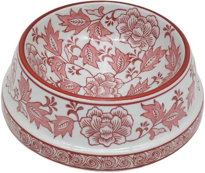 Aimusego Pink & White Ceramic Dog Bowl,Chinoiserie Floral Heavy Duty Non-Slip Dog Food Water Bowls, Ceramic Dish for Medium and Small Dogs and Cats, for Pet Owners,Puppy 9inch
