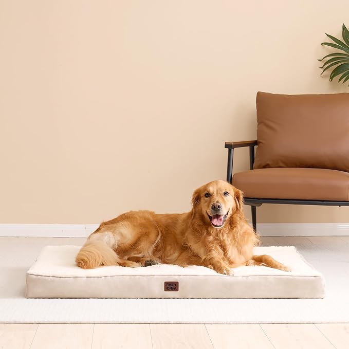 EHEYCIGA Orthopedic Dog Bed Large with Removable Washable Cover, 44IN Camel | Egg Crate Foam Support, Durable Oxford fabric, Non-Slip Bottom, Machine Washable, Soft Waterproof Plush Pet Bed Mat For Crate