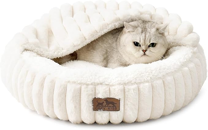 COZY KISS Hooded Blanket Cat Bed – 20"x20" Round Fluffy Donut Cuddler for Cats & Toy Dogs, Anti-Anxiety Faux Fur Pet Bed, Machine Washable with Non-Slip Bottom, Cream