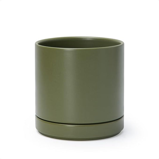 D'vine Dev 6.5 Inch Ceramic Planter Pot, Olive, 94-O-C-J | Modern Cylinder Design, Drainage Hole & Saucer Included, Stable Structure, Elegant Home Accent