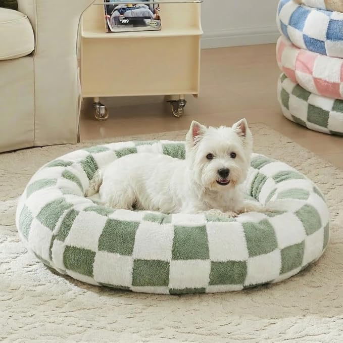 Ohocut Checkered Dog Bed, Cute Sage Green Retro Style Aesthetic Round Warming Pet Calming Beds for Small Dog and Cats, Plush Cozy Donut Washable, 30" L x 30" W x 8" Th