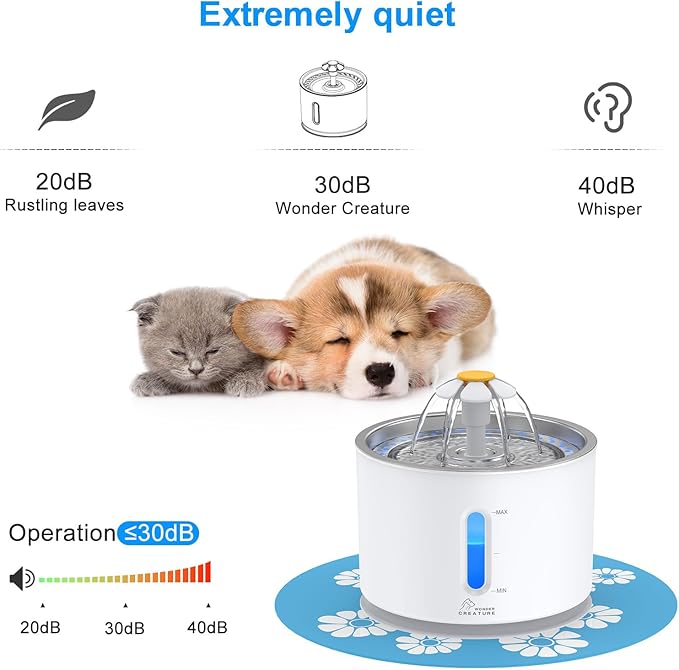 Wonder Creature Fontaine à eau en acier inoxydable pour chat, fontaine à chat de 2,4 L avec fenêtre de niveau d'eau et lumière LED pour alerte de manque d'eau, fontaine pour chat et chien avec 3 filtres et 1 tapis