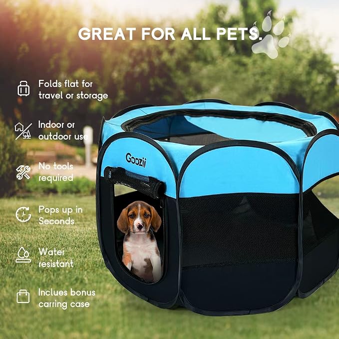 Goozii Dog Playpen for Large Dogs Portable Collapsible, Indoor Outdoor Cat Pet Puppy Exercise Play Pen Tent Crate Cage with Zipper Door Top Cover Floor for Camping (Large Size, Blue)