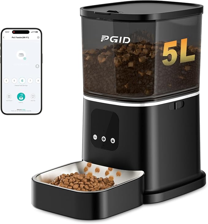 Automatic Cat Feeder,2.4G WiFi Automatic Dog Food Dispenser,Auto Dog Feeder with APP Control,5L Timed Auto Cats Food Dispenser w 2-Way Audio for Multiple Pet