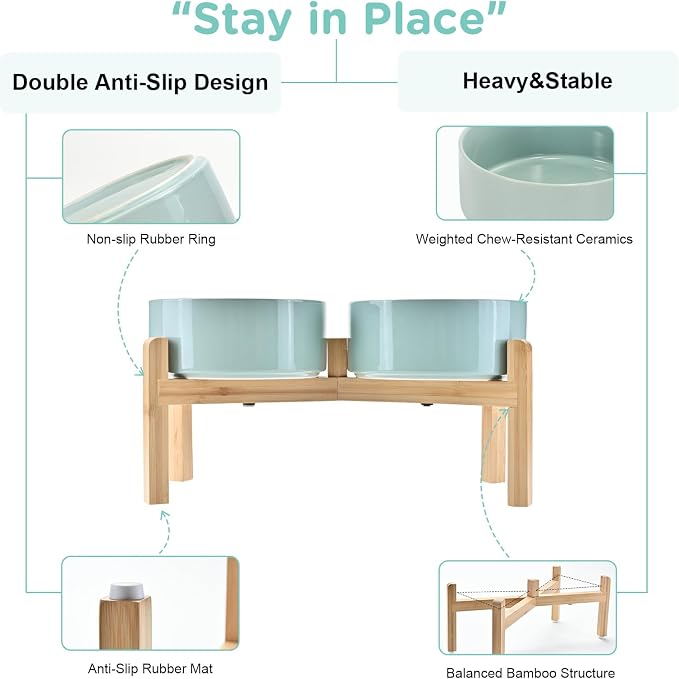 SPUNKYJUNKY Elevated Dog Bowls Ceramic, 7.3'' Dogs Food Water Bowls Raised with Non-Slip Bamboo Stand for Medium to Large Sized Breed Microwave Dishwasher Safe - 42 OZ,Light Green