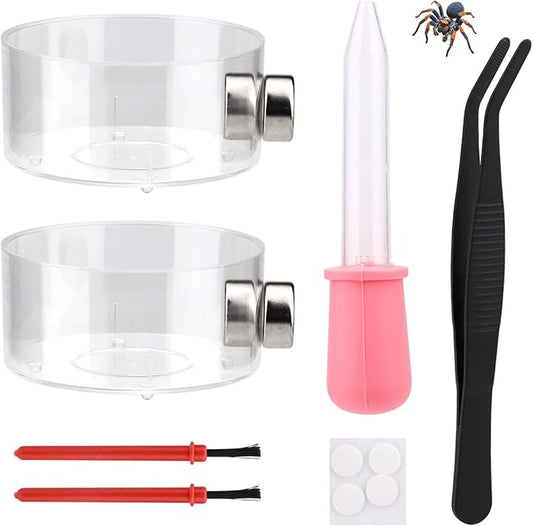 6pcs Jumping Spider Feeding Dish Set, Includes 2 Magnetic Water Bowl Tray 2 Brushes 1 Reptile Feeding Tongs & 1 Dropper Jumping Spider Enclosure Accessories Kit