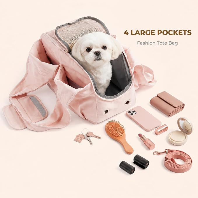 Fashion Dog Purse Carrier for Small Dogs, Soft-Sided Dog Bag Carrier with 4 Large Pockets, No Collapse, Lightweight, Smart Zipper Lock, Comfortable Puppy Cats Rabbit Carrier for Travel, Outdoor(Pink)