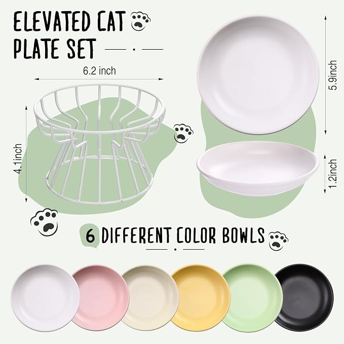 Hushee 6 Pcs Raised Cat Bowls Elevated Ceramic Cat Food Bowls with Metal Stand Anti Vomit Feeding Dishwasher Safe Shallow Ceramic Water Food Plate for Kitten Small Dogs