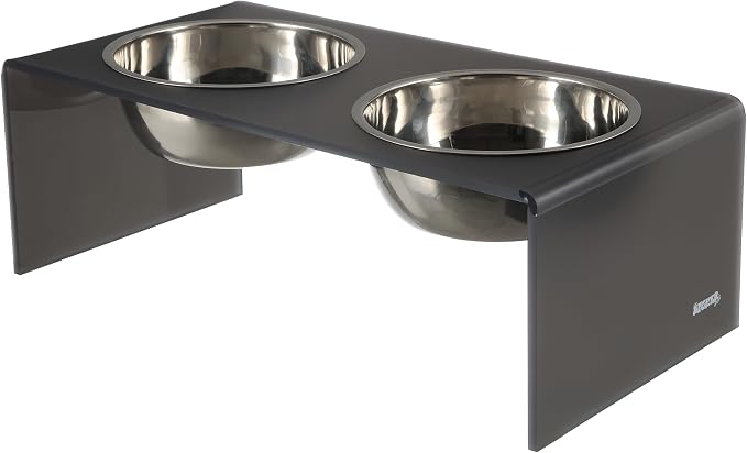 DBL2001J Keaton 7.5" Medium/Large Modern Acrylic Rectangular Elevated Pet Feeder with 54oz 2-Stainless Steel Bowls, Dark Gray/Chrome