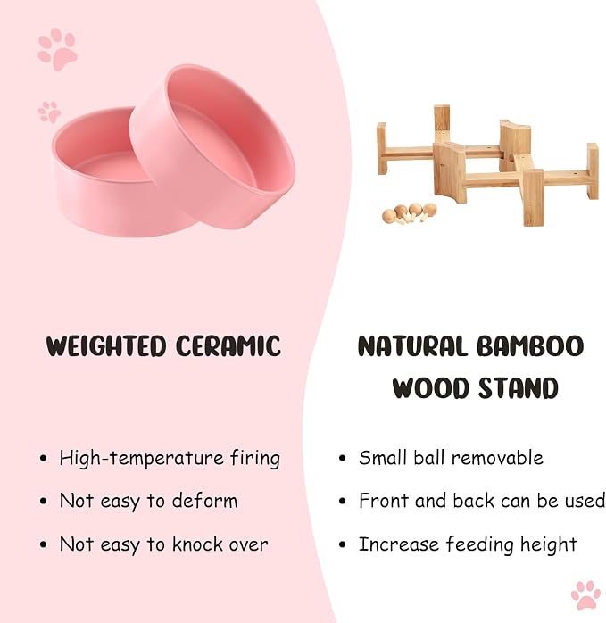 SPUNKYJUNKY 15° Slanted Ceramic Dog and Cat Bowl with Wooden Stand, Tilted Bulldog Food and Water Bowl No Slip Non-Spill for Cats Medium Dogs Big Face Pets 28.7 OZ (3.6 Cups, Pink × 2)