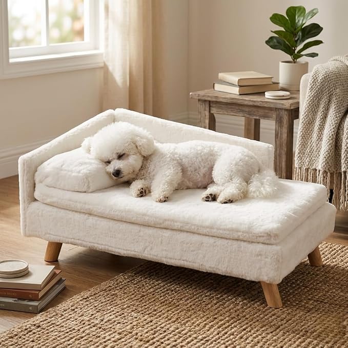Elevated Dog Bed Couch Sofa: Wooden Dog Chair with Bolster Cushion for Small Dogs Cats Cute Pet Chaise Soft Cushion Washable, 31.7 x 18.9 Inches
