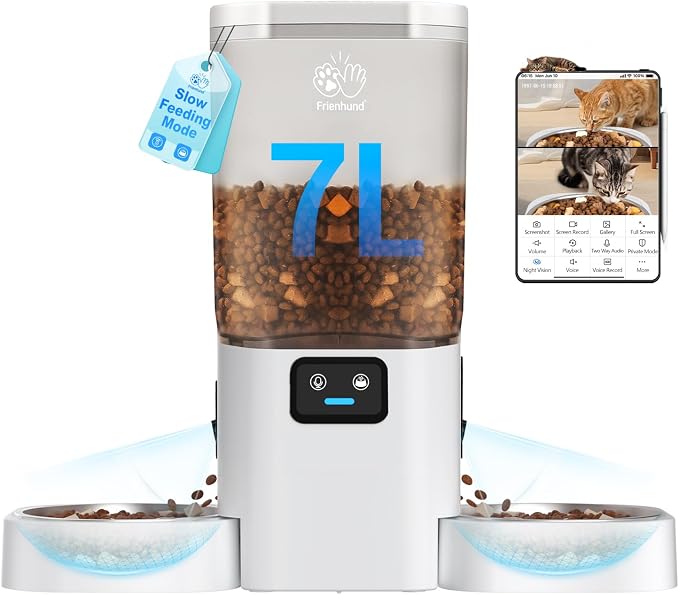 Frienhund 5G WiFi Automatic Cat Feeder with Two HD Camera: 7L Automatic Dog Feeder with Night Vision, Auto Cat Food Dispenser for Multiple Pet, Detachable for Easy Cleaning - 29 Cup