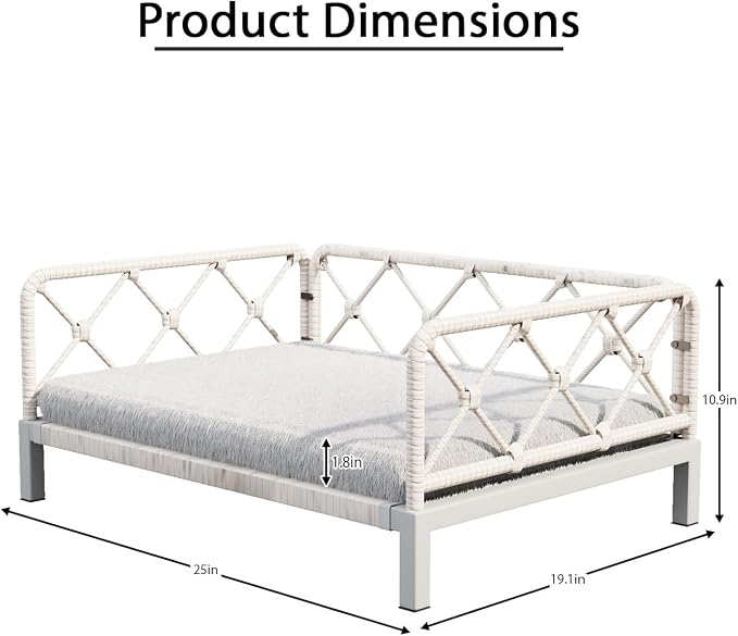 Elevated Indoor & Outdoor Dog Bed for Small Dogs, Durable Rattan Wicker Pet Sofa with Removable Washable Waterproof Cushion, Stylish Dog Couch, White Rattan/Grey Mat