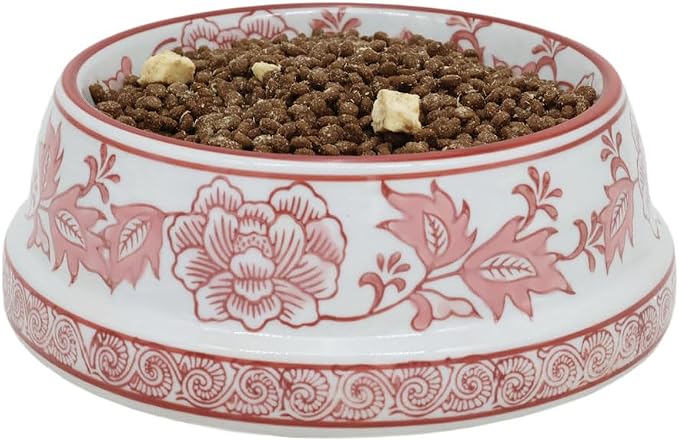 Aimusego Pink & White Ceramic Dog Bowl,Chinoiserie Floral Heavy Duty Non-Slip Dog Food Water Bowls, Ceramic Dish for Medium and Small Dogs and Cats, for Pet Owners,Puppy 9inch