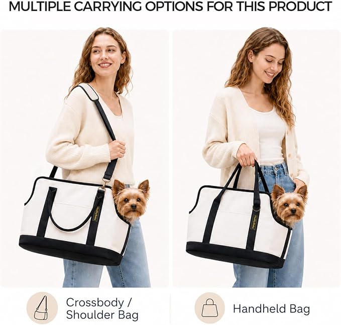 JourCraf Dog Carrier for Small Dogs, Soft Sided Cat Carrier with Hard Bottom, Breathable Mesh Top, Safety Leash, Padded Shoulder Strap, Fits Pets up to 13 lbs, for Travel, White
