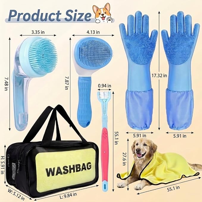 7 Pcs Dog Washing Kit: Shampoo Brush, Hair Brush, Washing Gloves, Dog Towel | Dog Brush for Shedding, Toothbrush, Large Towel, and Dry-wet Separation Bag, Dog Bath Grooming Kit, Dog Bath Supplies