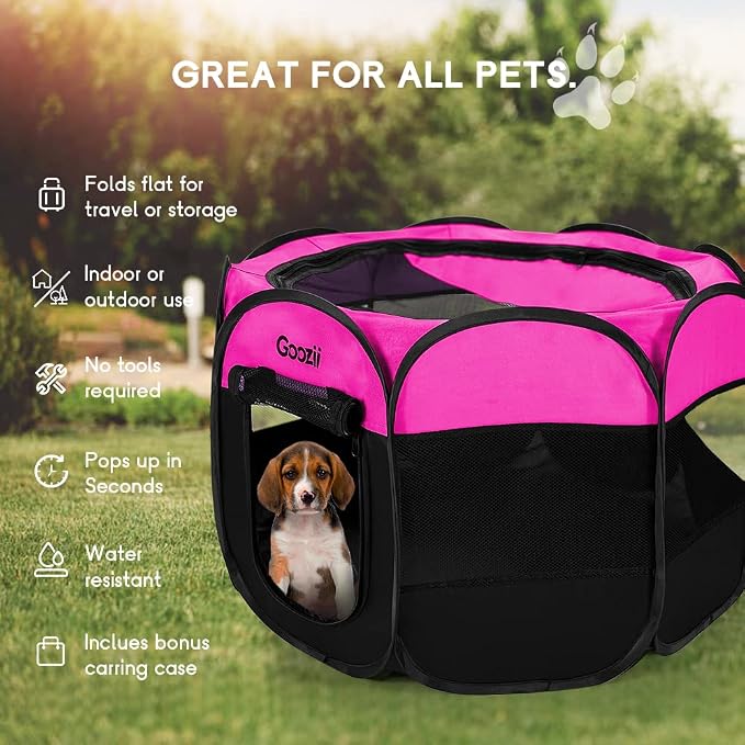 GOOZII Portable Dog Playpen for Small Dogs Indoor Outdoor, Foldable Pet Puppy Playpens Kennel Tent with Top Cover Door for House Cat Kitty for Dog Lover as (Medium Size, Pink)