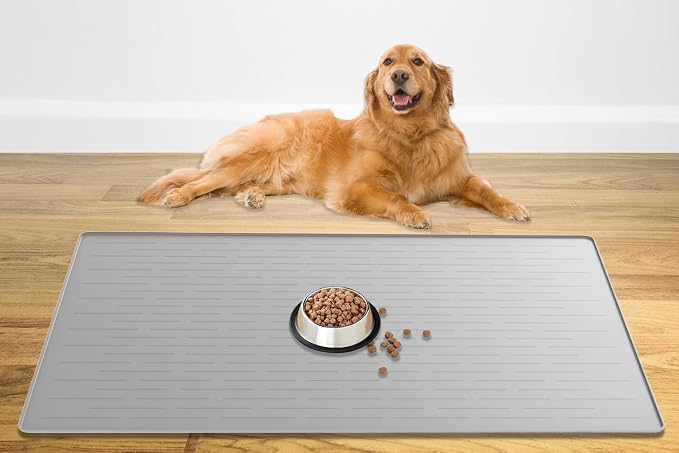 48" x 32" Largest Pet Food Mat, XXXL Silicone Dog Mats for Food and Water, Nonslip Pet Feeding Mats for Floors,Dog Cat Bowl Mat with Raised Edges, Gray White