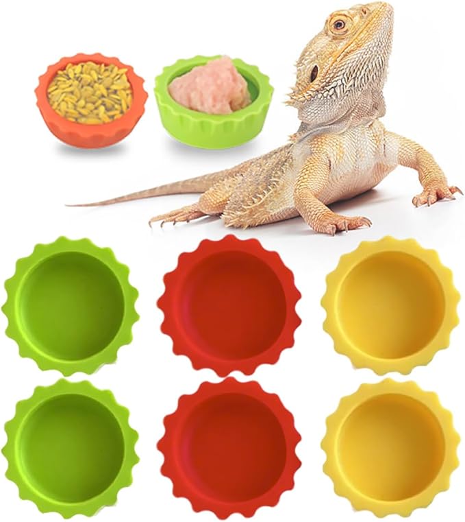 Meow&Woof Reusable Silicone Reptile Feeding Cups – Bearded Dragon Water Bowl & Crested Gecko Food Dish, Habitat Tank Starter Kit Accessories for Turtle, Snake, Hermit Crab- 6 Pcs