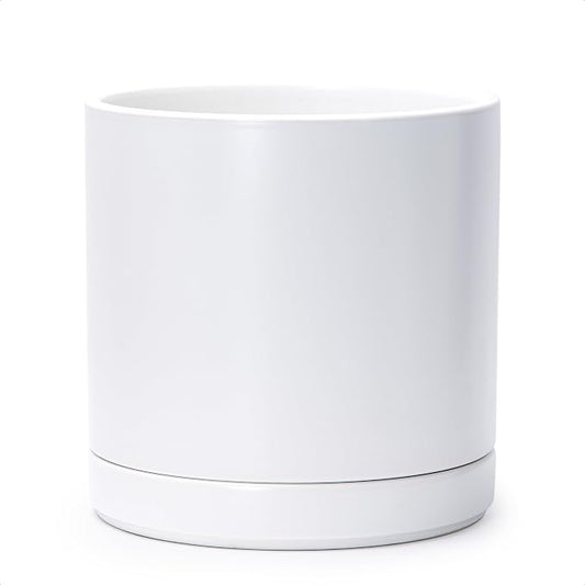 D'vine Dev 10 Inch Ceramic Planter Pot, White, 94-O-E-1 | Modern Cylinder Design, Drainage Hole & Saucer Included, Stable Structure, Elegant Home Accent