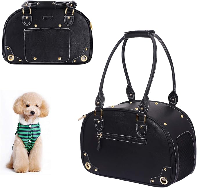 Dog Carrier Purse, Pet Carrier, Waterproof Premium Leather Pet Travel Portable Bag Carrier for Cat and Small Dog Home & Outdoor Medium Black