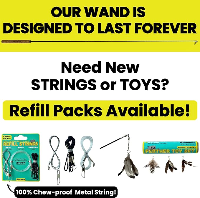 Forever Stick 2-Pack - The Unbreakable Cat Wand Toy, Durable Cat Toy Wand, Extra Long Cat String Toy, Cat Fishing Pole Toy for Bored Indoor Adult Cats, Cat Stick Toy, Cat Feather Wand, Cat Teaser Wand