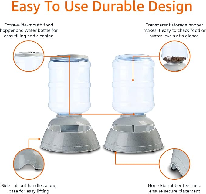 Amazon Basics Large Capacity Automatic Pet Water Dispenser and Gravity Feeder Set, Easy to Clean, 456.6fl.oz Food, 382.1fl.oz Water, Pack of 2