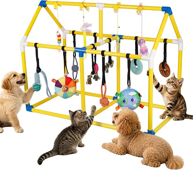 Liitrton Puppy Play Gym for Small Dogs & Kittens, Large PVC Yellow Frame | Indoor Puppy Jungle Gym with 14 Hanging Enrichment Toys, Reduce Puppy & Cats Boredom