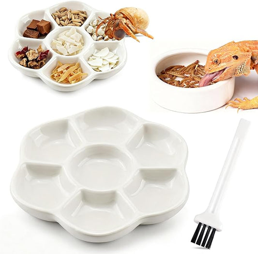 Eiito Reptile Food Bowl,Hermit Crab Lizard Gecko Ceramic Food Dish, 7 Compartments Anti-Turning Bearded Dragon Food & Water Bowl with Small Brush (White)
