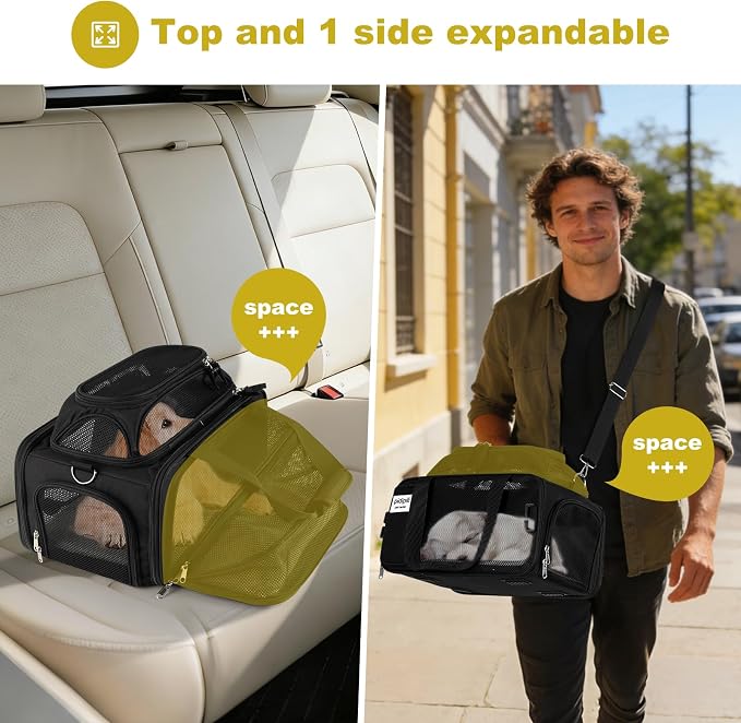 pidipiti 17x11x9.5 Soft-Sided pet Carrier,for Extra-Small Dog or Medium cat | top and 1 side Expandable,for Alaska Hawaiian Southwest Airline ,TSA Approved,with 2 pockets,zipper lock,leakproof