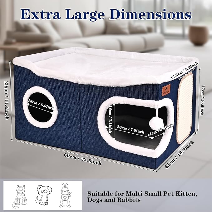 Extra Large Cat Beds for Indoor Cats, Covered Cat Cave Beds & Furniture with Scratch Pad and Fluffy Ball, Foldable Cat Condo Hideaway with Reversible Cushion for Multi Small Pet Large Kittens, Blue