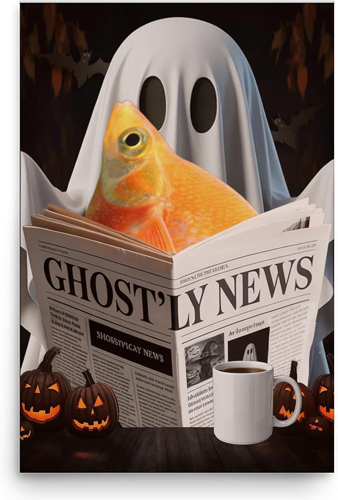 Spooky Halloween Pet and Ghost Reading Wall Art - Red Rainbowfish Poster 12x18 Unframed Photo Paper - Funny Home Decor Gifts for Fish Lovers